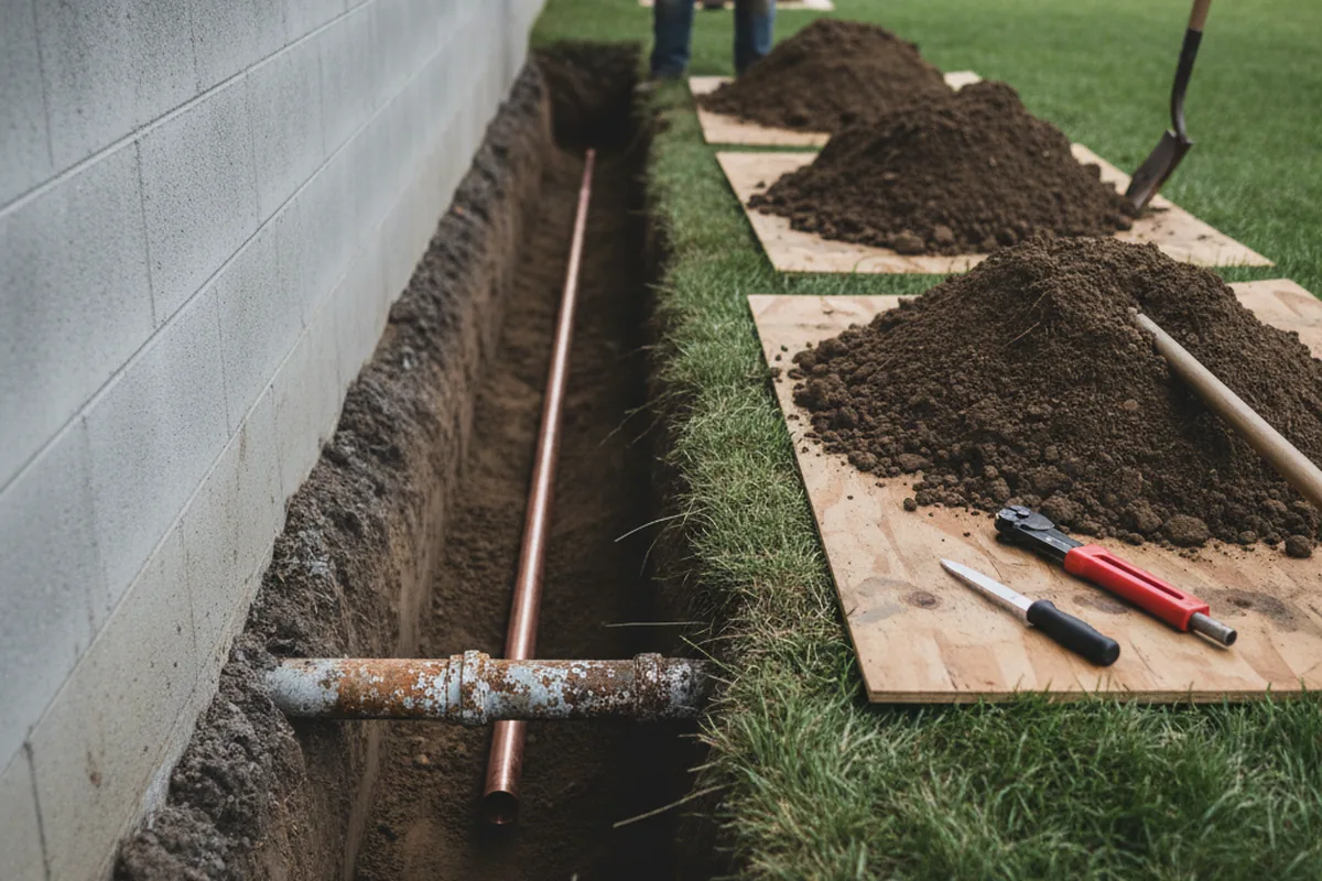 Excavated water line trench during Sewer Line Repair in Frazier Park